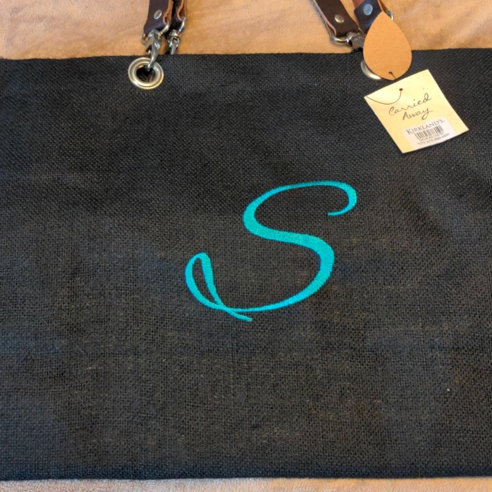 Black jute monogrammed tote